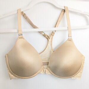 Maidenform Satin Floral Lace‎ Racerback Front Close Underwire Bra 34C Tan 07112